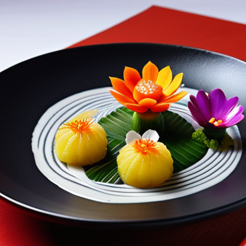Home 4 **
A visually stunning Japanese dish, blending traditional techniques with modern artistic presentation. Focus on vibrant colors, intricate arrangements, and a sense of culinary artistry, suitable for a high-end restaurant setting. Consider elements like delicate plating, edible flowers, and precise knife work to emphasize the " تحف فنية " aspect.
**