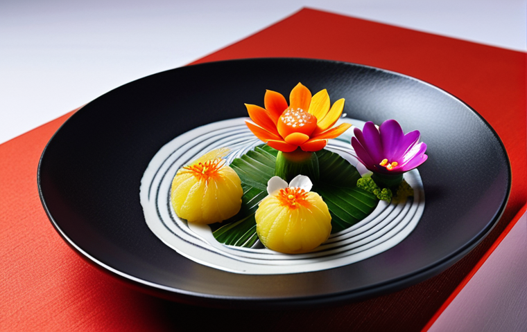 **
A visually stunning Japanese dish, blending traditional techniques with modern artistic presentation. Focus on vibrant colors, intricate arrangements, and a sense of culinary artistry, suitable for a high-end restaurant setting. Consider elements like delicate plating, edible flowers, and precise knife work to emphasize the " تحف فنية " aspect.
**