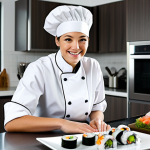 일식조리사로 일하면서 배우는 일본 요리 문화 - **Prompt:** "A professional female chef, fully clothed in a modest chef's uniform, smiling warmly in...