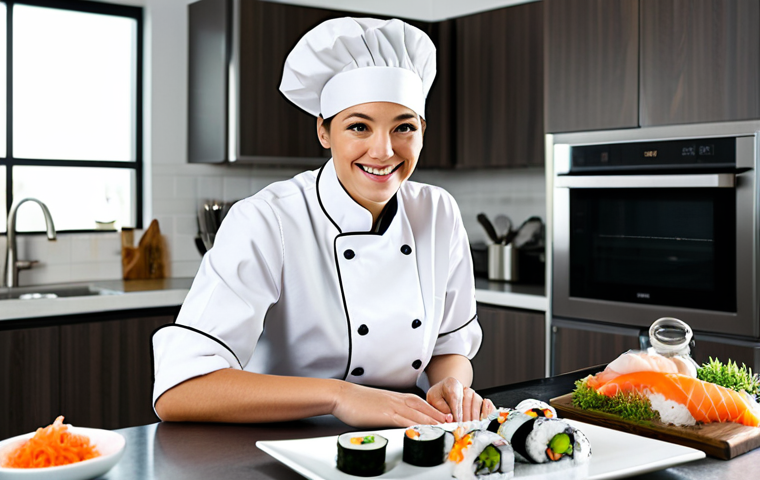 일식조리사로 일하면서 배우는 일본 요리 문화 - **Prompt:** "A professional female chef, fully clothed in a modest chef's uniform, smiling warmly in...