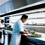 일식조리 실기 시험 장소 선택 팁 - A Modern, Spacious, and Well-Organized Test Kitchen with a Focused Chef**
"A professional chef, wear...