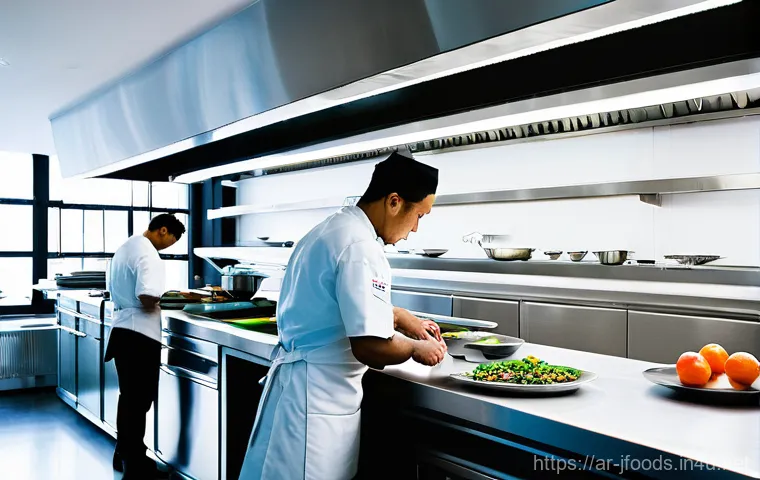 일식조리 실기 시험 장소 선택 팁 - A Modern, Spacious, and Well-Organized Test Kitchen with a Focused Chef**
"A professional chef, wear...